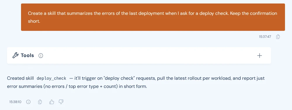 A session in which the user asks for a deploy check skill, and the agent replies that it created the skill deploy_check.