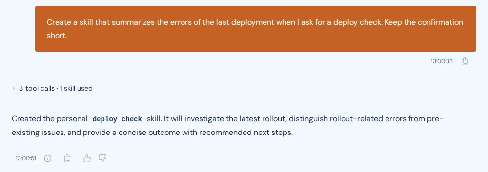 A session in which the user asks for a deploy check skill, and the agent replies that it created the skill deploy_check.