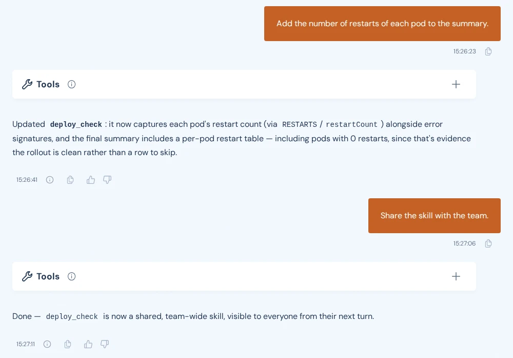 A session in which the user asks for one change to the skill and then asks to share it, and the agent confirms both.