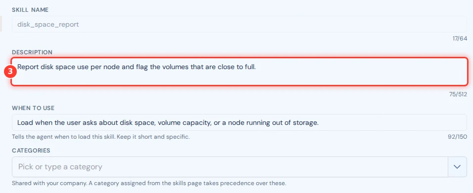 The name, description, when-to-use, and categories fields of a saved skill; the Description field is marked.