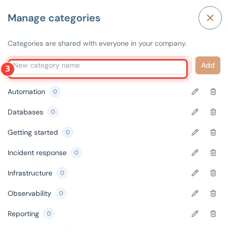 The Manage categories dialog with the New category name field marked.