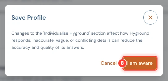 The Save Profile dialog with the I am aware button marked.