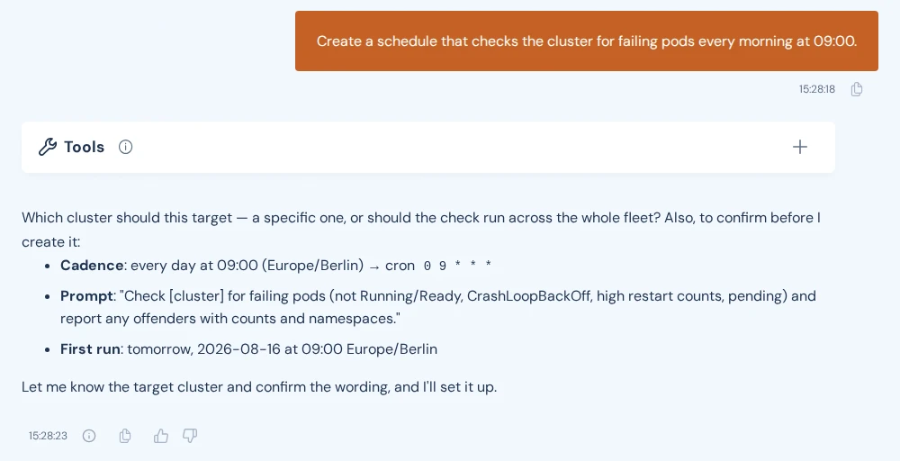A session in which the agent repeats the frequency, the message, and the first run time of the planned schedule, and asks which cluster to check.
