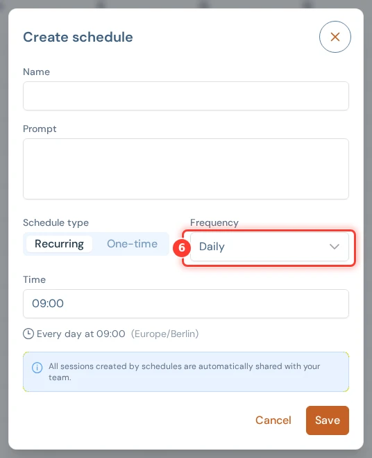 The Create schedule dialog with the Frequency list marked.