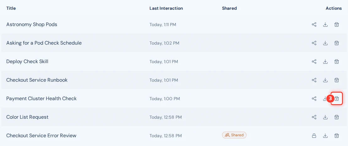 The delete icon of one session in the Sessions table is marked.